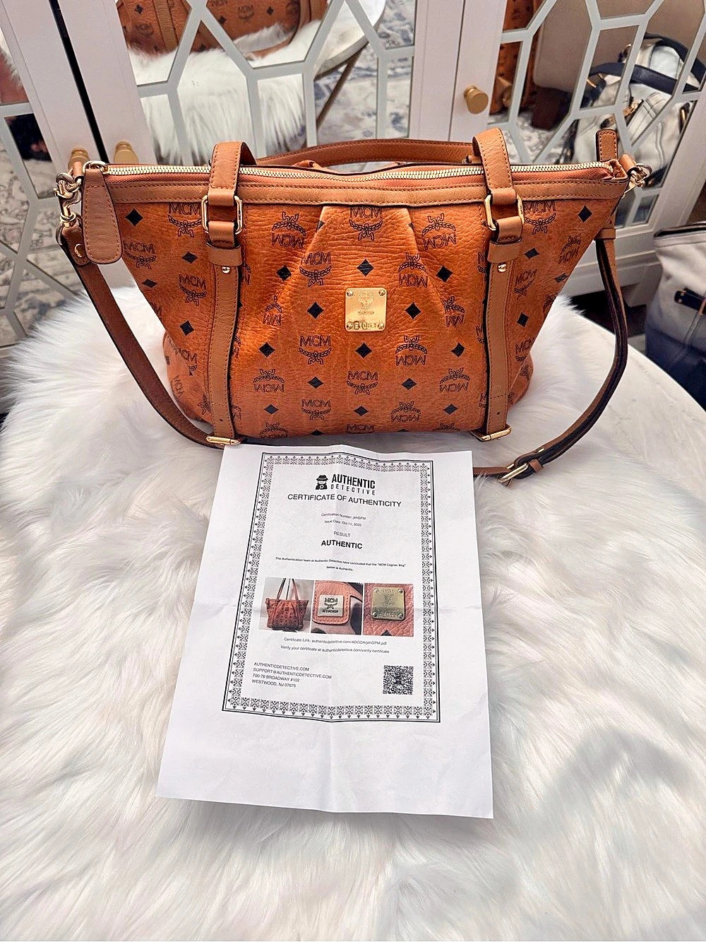 MCM Cognac Visetos Monogram Shopper Two-Way Tote Bag